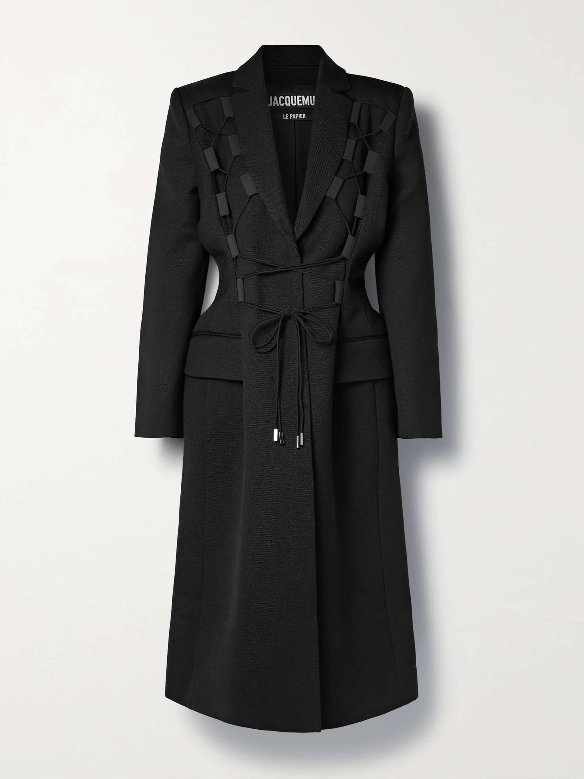 Black wool coat with tie details