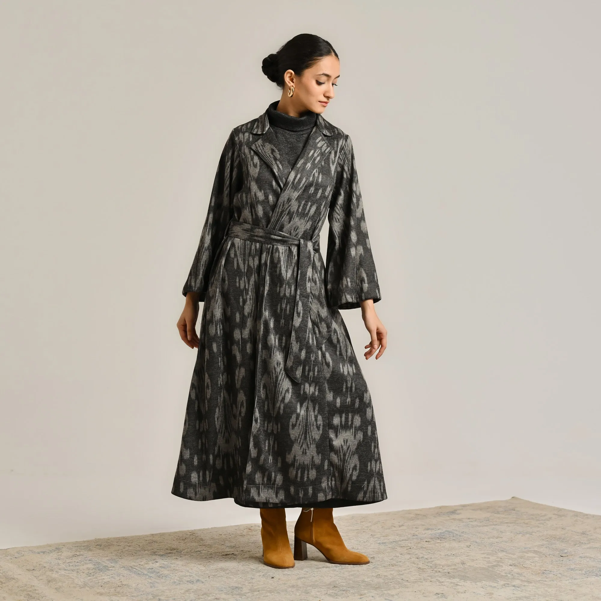 Black Woollen Statement Trench Coat with Belt Detail