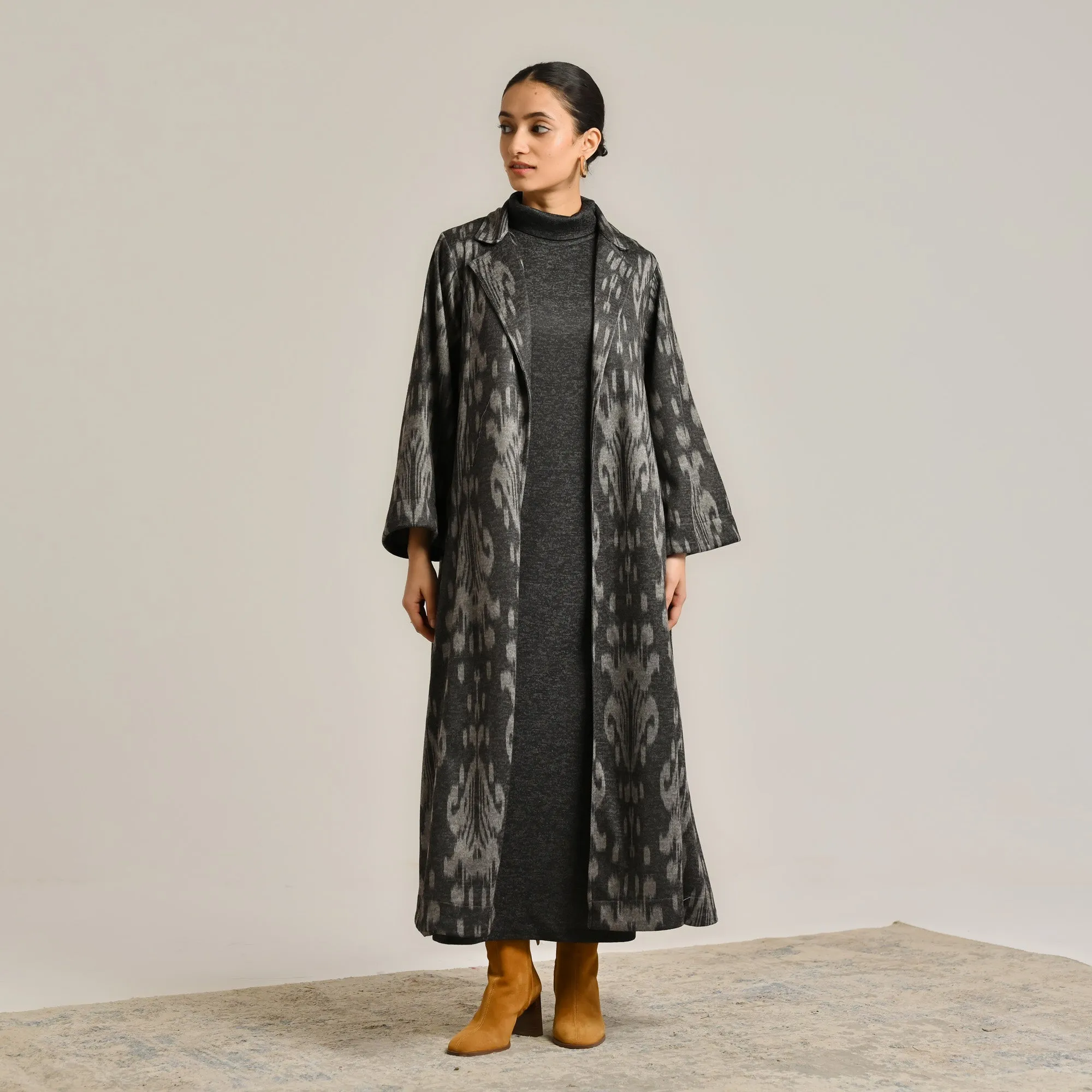 Black Woollen Statement Trench Coat with Belt Detail