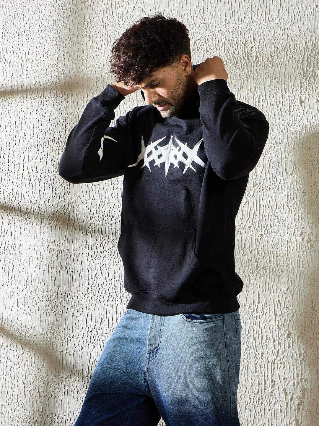 Black Y2K Applique Hooded Sweatshirt