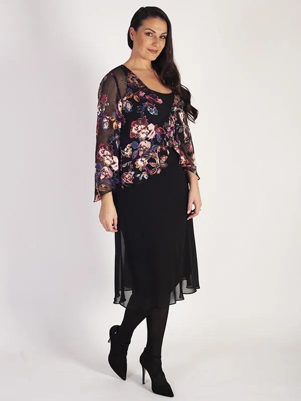 Black/Multi Floral Silk Devoree Frill Trim Shrug