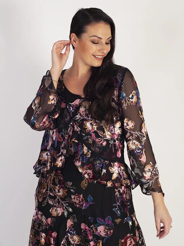 Black/Multi Floral Silk Devoree Frill Trim Shrug