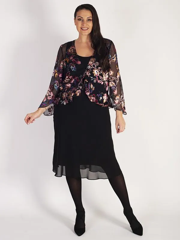 Black/Multi Floral Silk Devoree Frill Trim Shrug