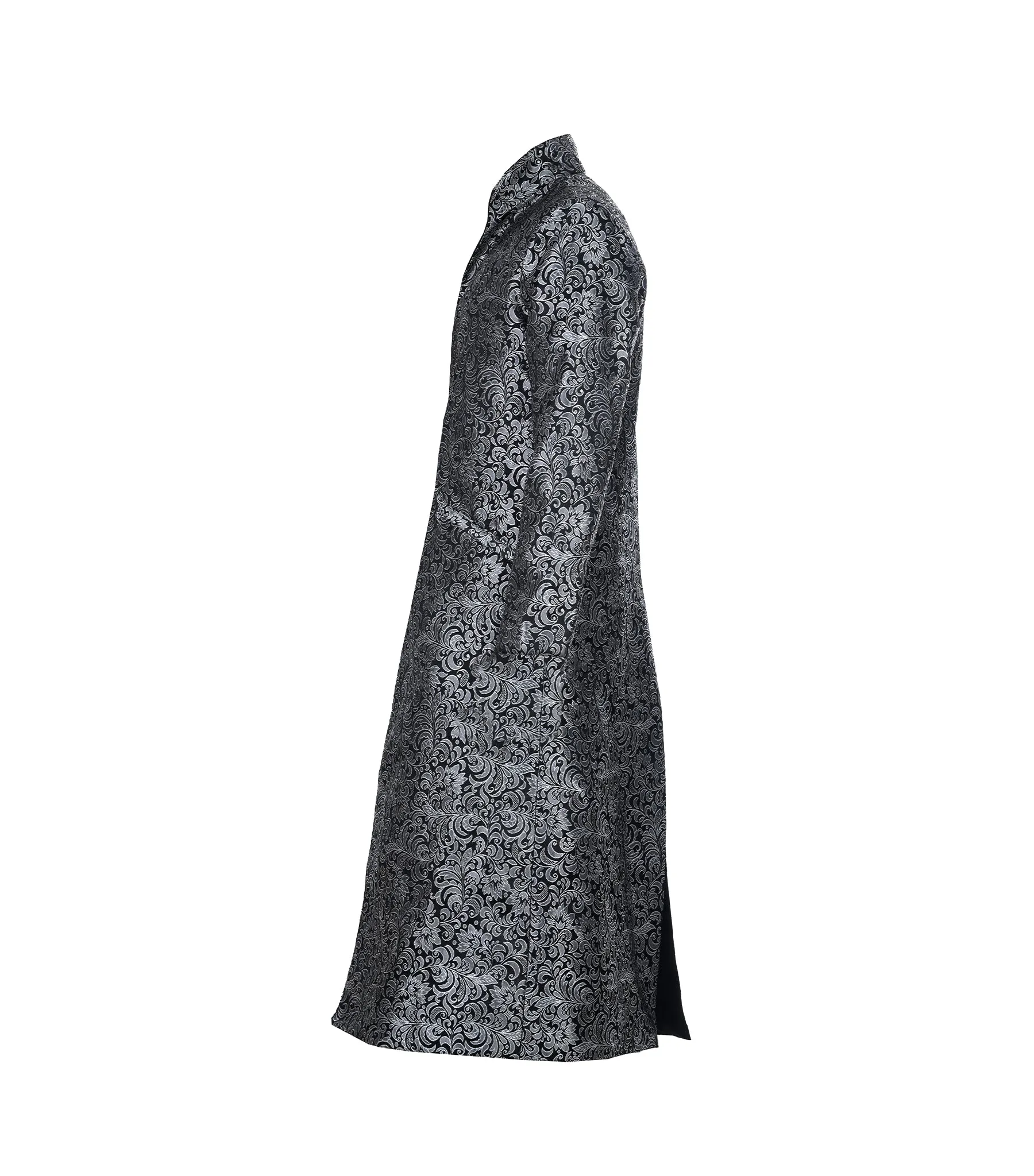 Black/Silver Brocade Mens Reversible Long Coat - Wholesale