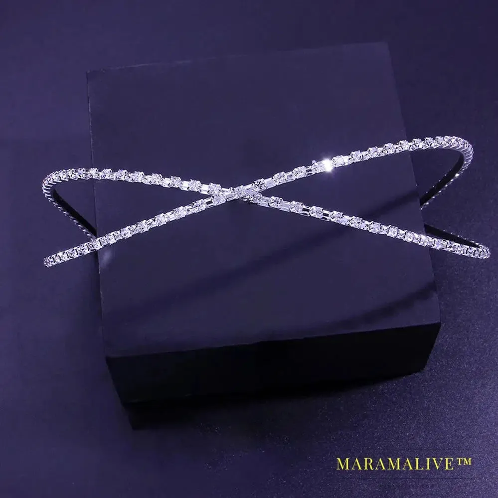 Bling Crystal Big Rhinestone Hair Band Silver Color for Women Luxury Cross Headband Bridal Tiara Crown Wedding Jewelry