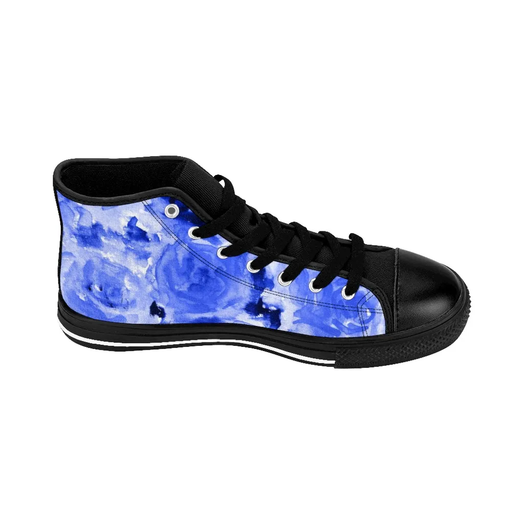 Blue Abstract Men's High-top Sneakers, Rose Floral Men's Designer Tennis Running Shoes