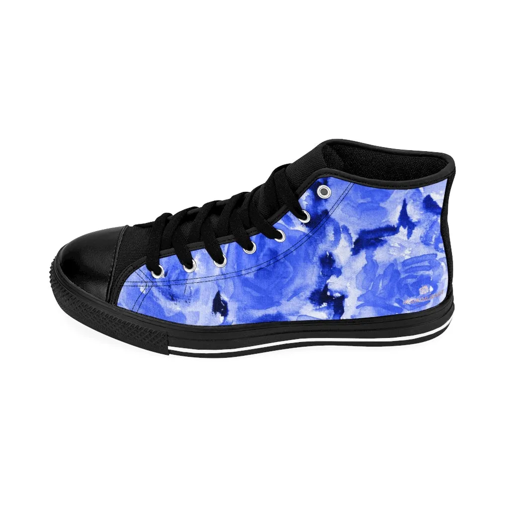 Blue Abstract Men's High-top Sneakers, Rose Floral Men's Designer Tennis Running Shoes