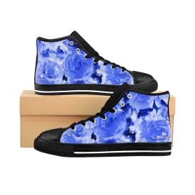 Blue Abstract Men's High-top Sneakers, Rose Floral Men's Designer Tennis Running Shoes