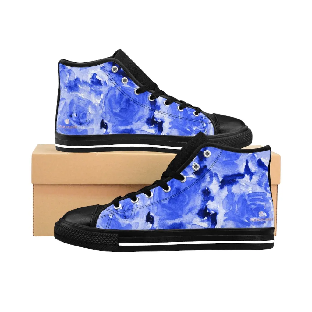 Blue Abstract Men's High-top Sneakers, Rose Floral Men's Designer Tennis Running Shoes