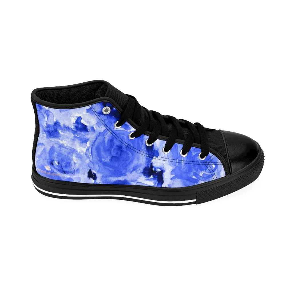 Blue Abstract Men's High-top Sneakers, Rose Floral Men's Designer Tennis Running Shoes