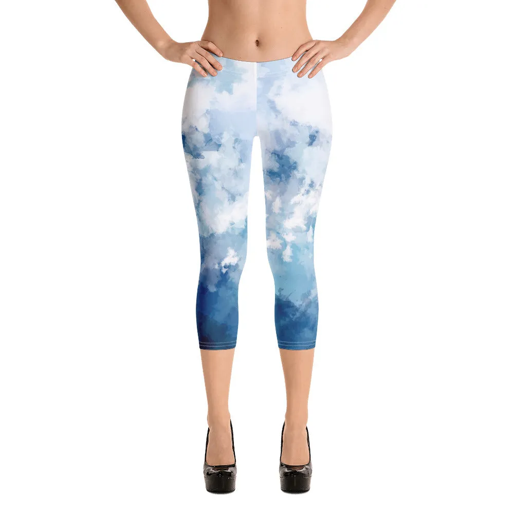 Blue Abstract Women's Capri Leggings, Blue Abstract Soft Casual Capris Tights For Women-Made in USA/EU/MX