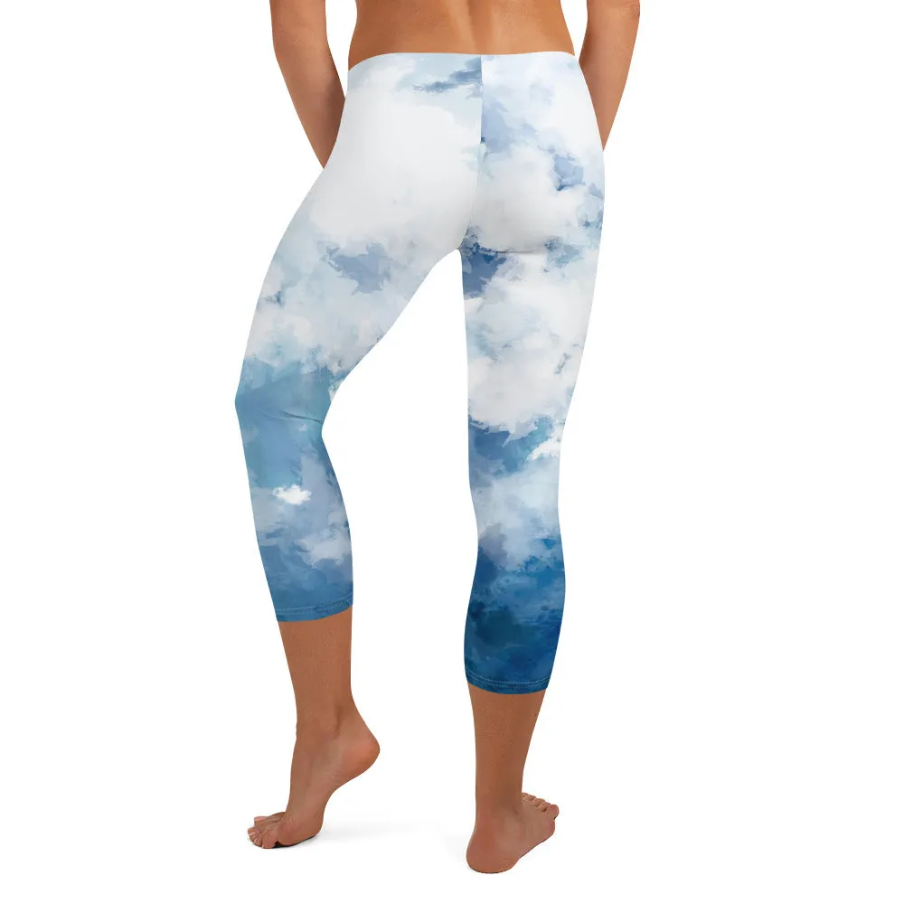 Blue Abstract Women's Capri Leggings, Blue Abstract Soft Casual Capris Tights For Women-Made in USA/EU/MX