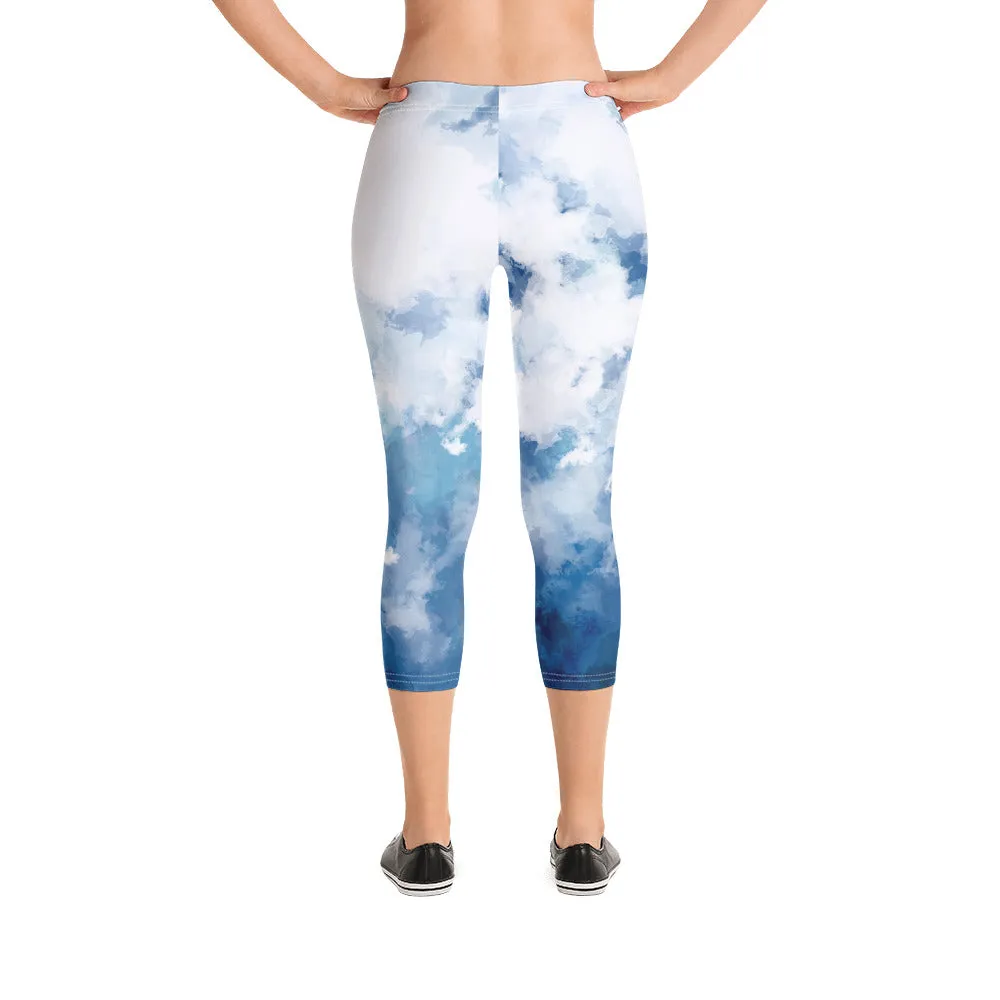 Blue Abstract Women's Capri Leggings, Blue Abstract Soft Casual Capris Tights For Women-Made in USA/EU/MX