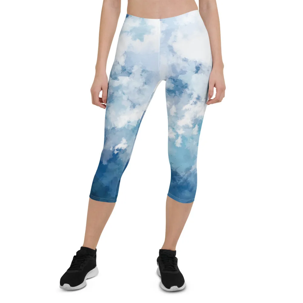 Blue Abstract Women's Capri Leggings, Blue Abstract Soft Casual Capris Tights For Women-Made in USA/EU/MX