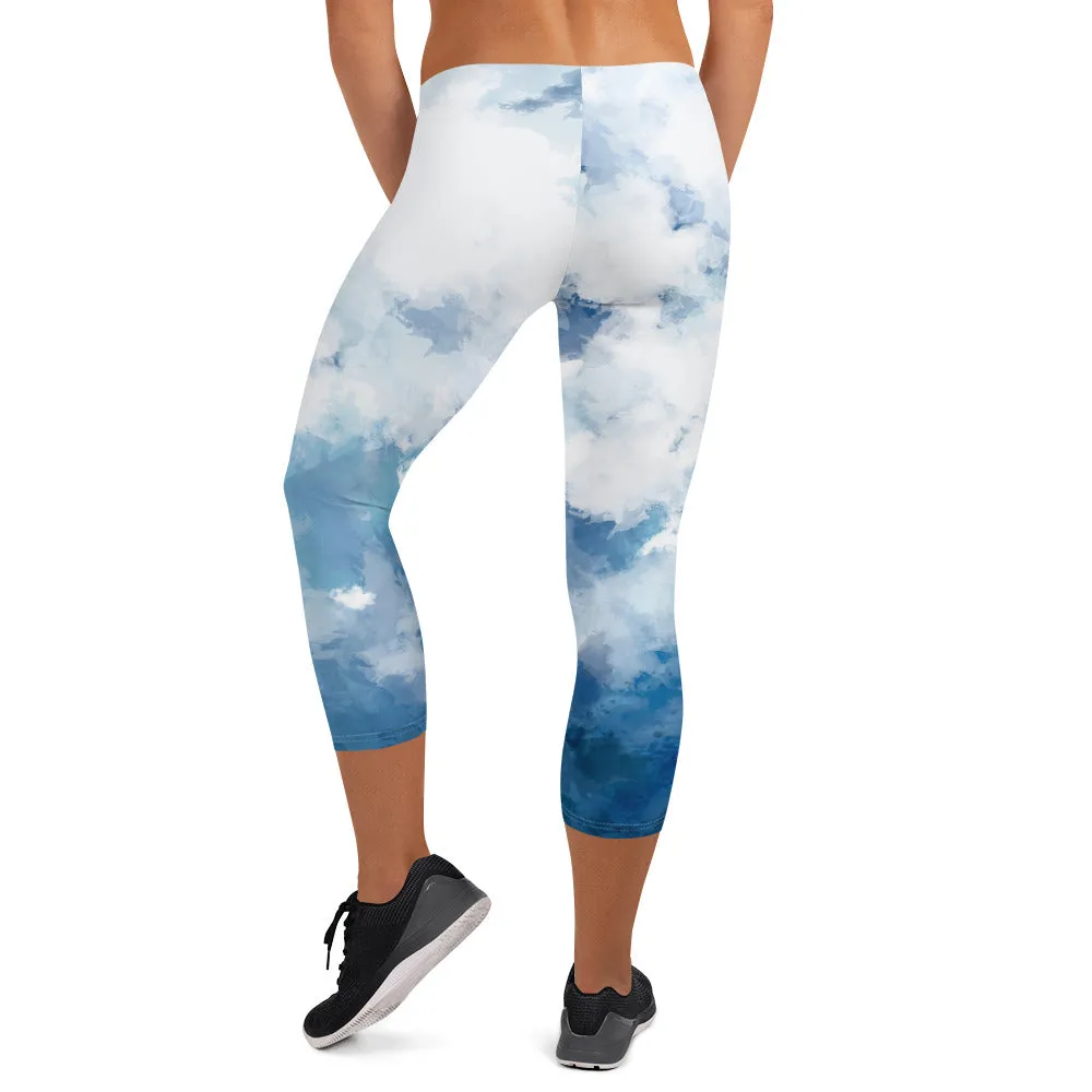 Blue Abstract Women's Capri Leggings, Blue Abstract Soft Casual Capris Tights For Women-Made in USA/EU/MX