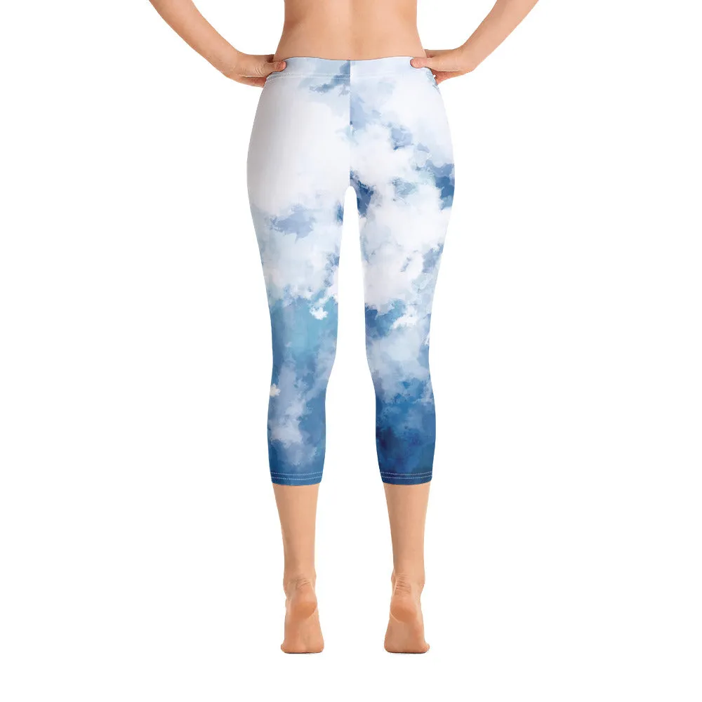 Blue Abstract Women's Capri Leggings, Blue Abstract Soft Casual Capris Tights For Women-Made in USA/EU/MX