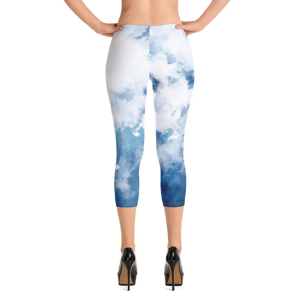 Blue Abstract Women's Capri Leggings, Blue Abstract Soft Casual Capris Tights For Women-Made in USA/EU/MX