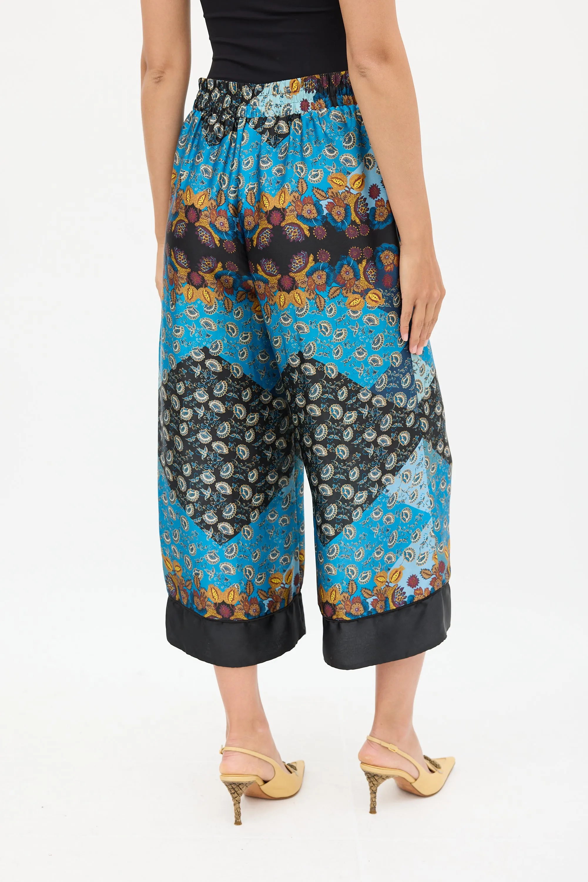 Blue & Multicolour Ornate Wide Cropped Trouser