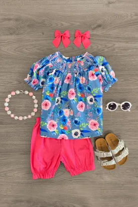 Blue & Pink Rose Floral Short Set