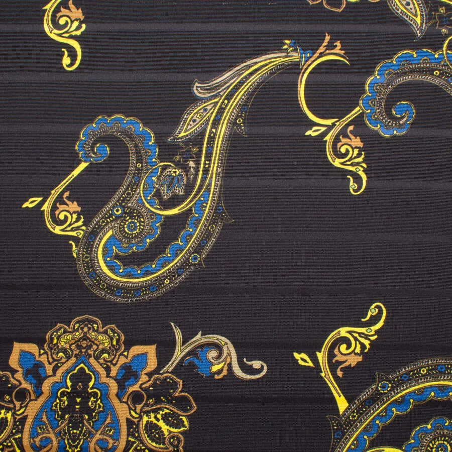 Blue & Yellow Paisley Black Silk Faille