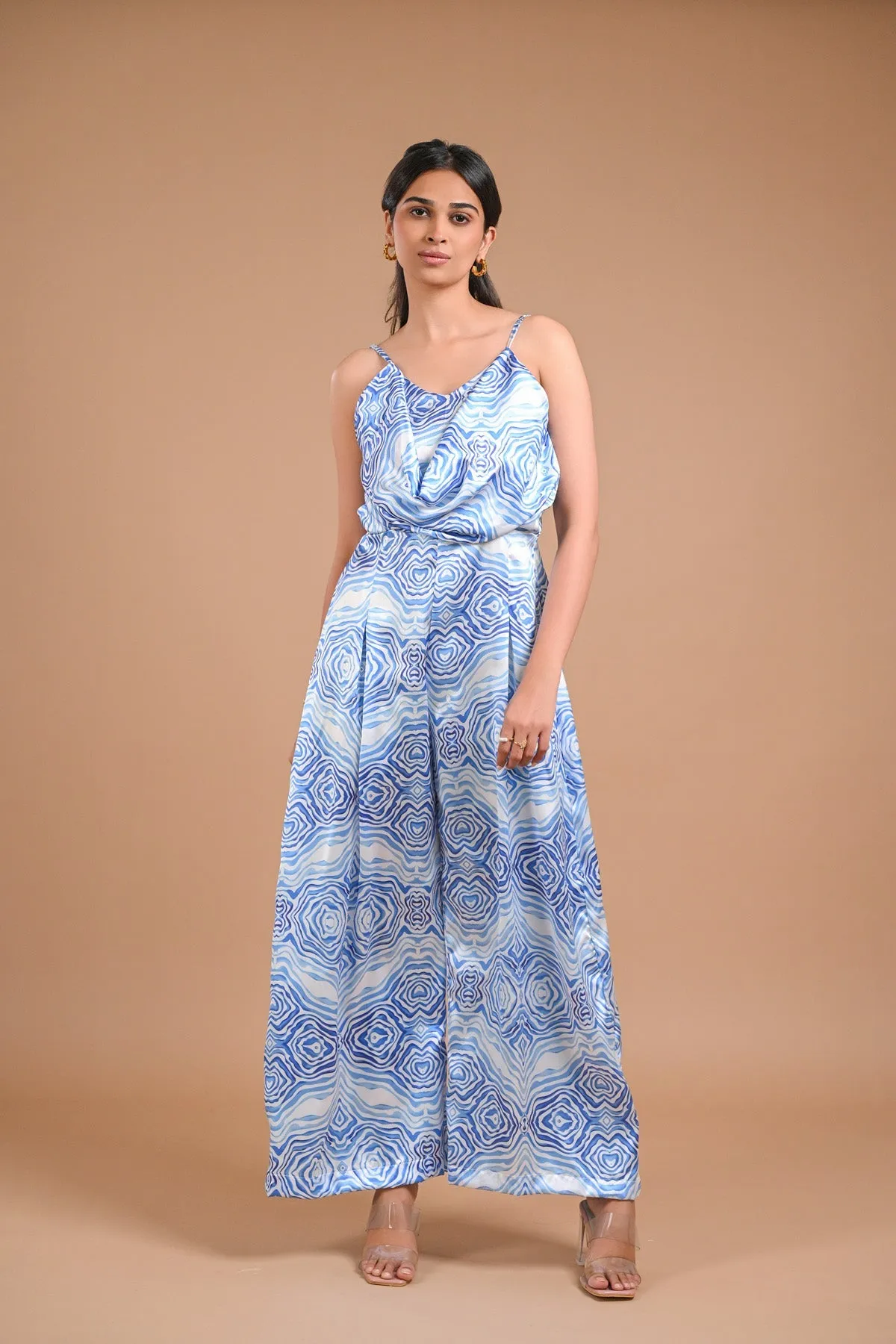 Blue and White Printed Satin Co-ord Set