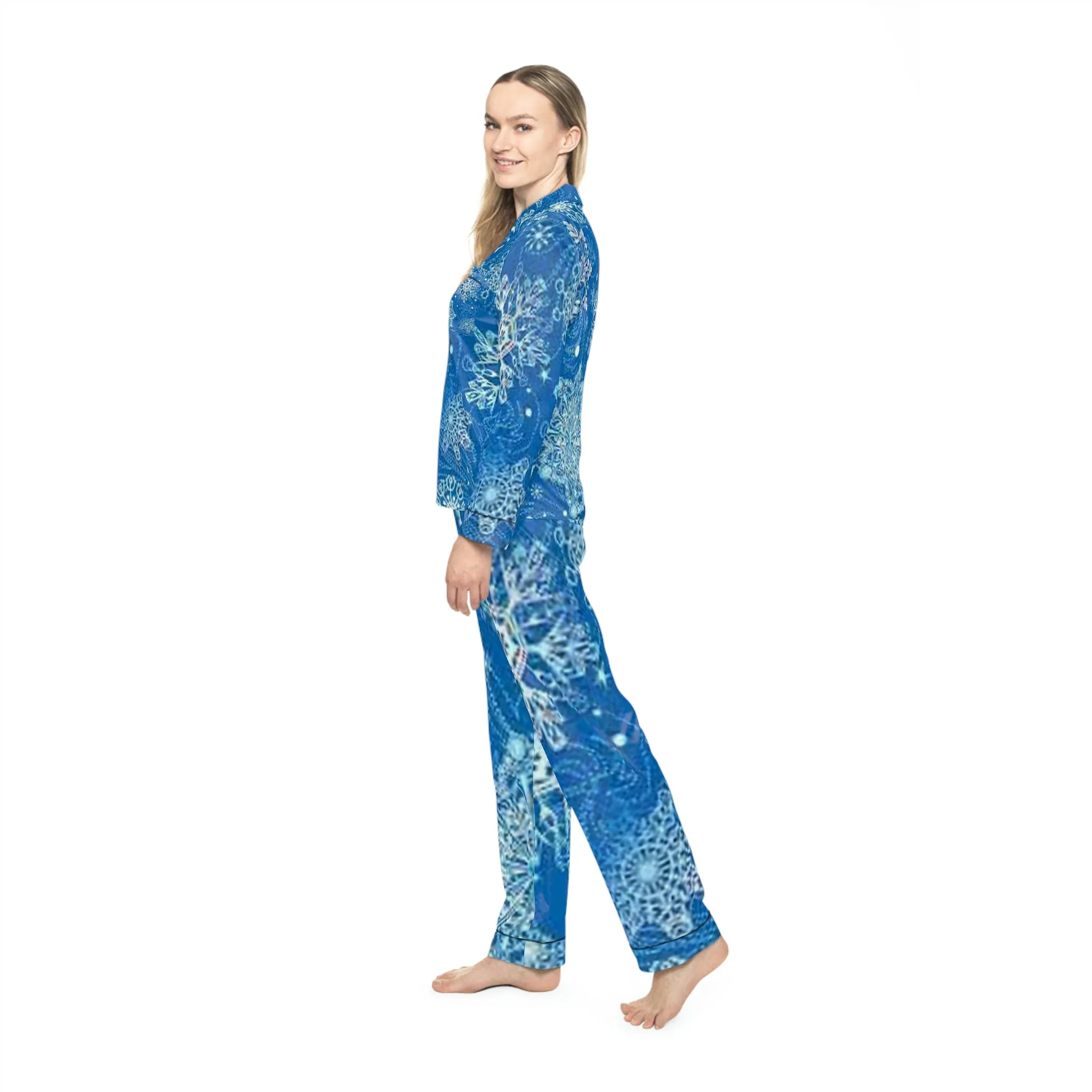 Blue and white snowflake Women's Satin Pajamas (AOP)