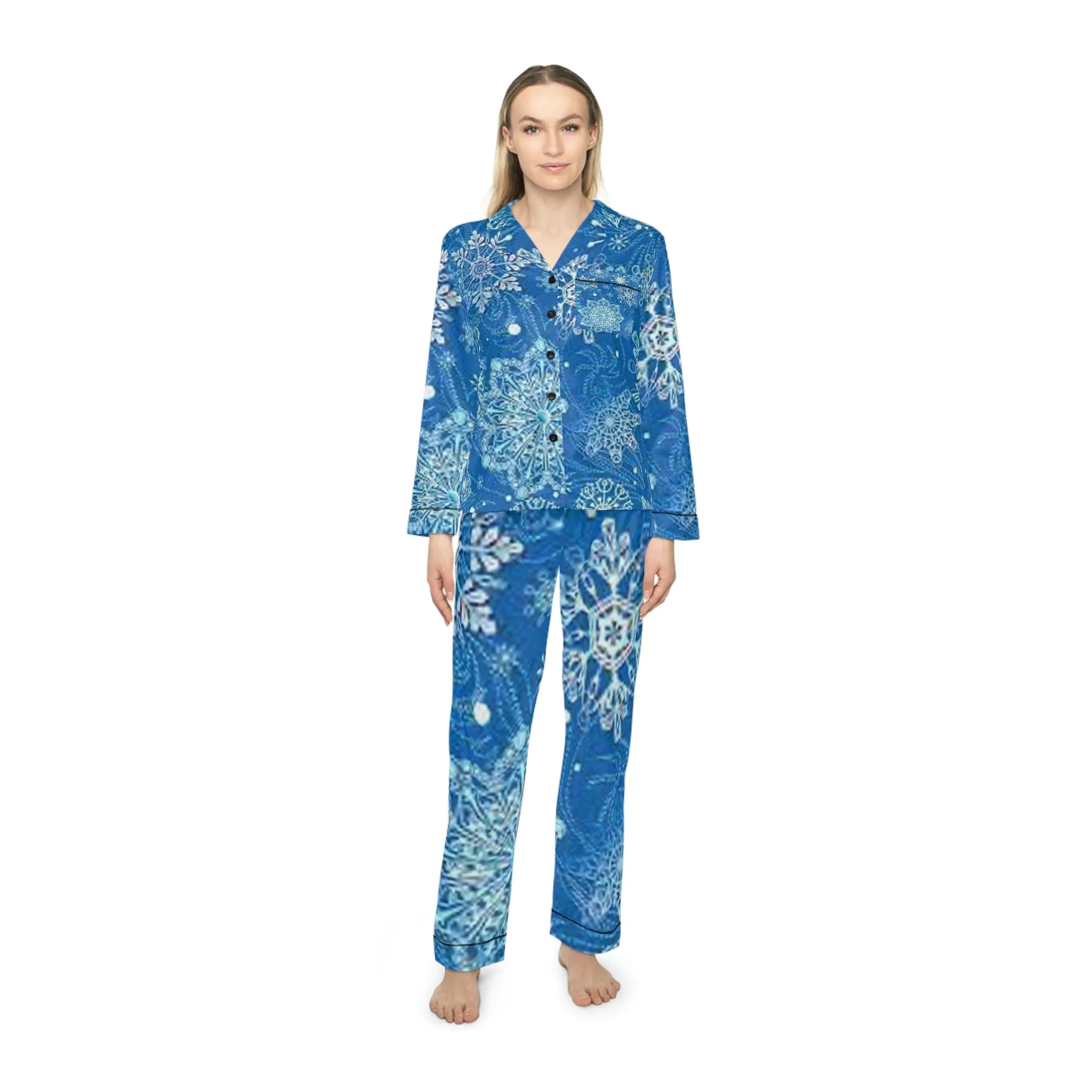 Blue and white snowflake Women's Satin Pajamas (AOP)