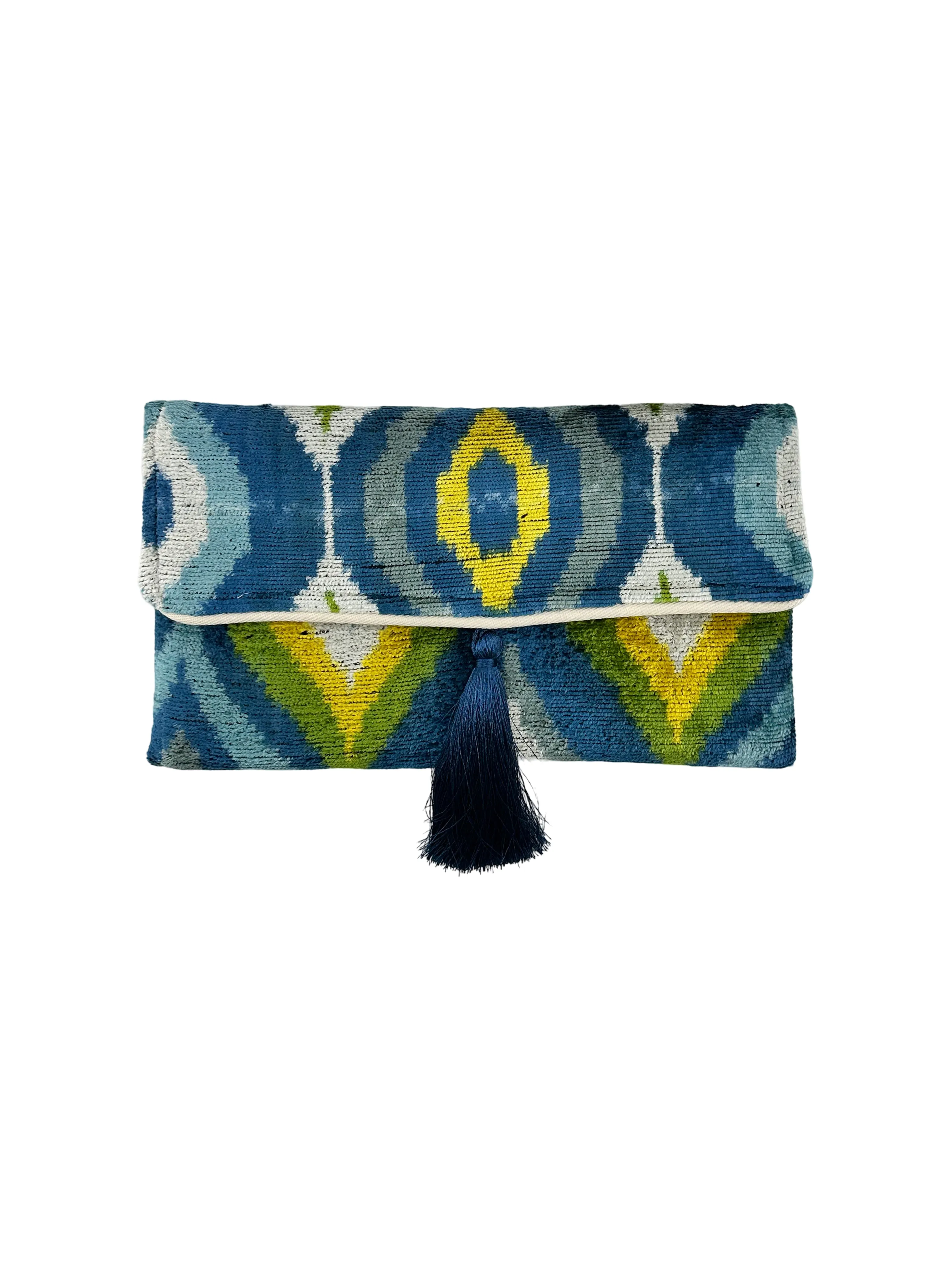 Blue and Yellow Sea Island Velvet Clutch with Removable Chain