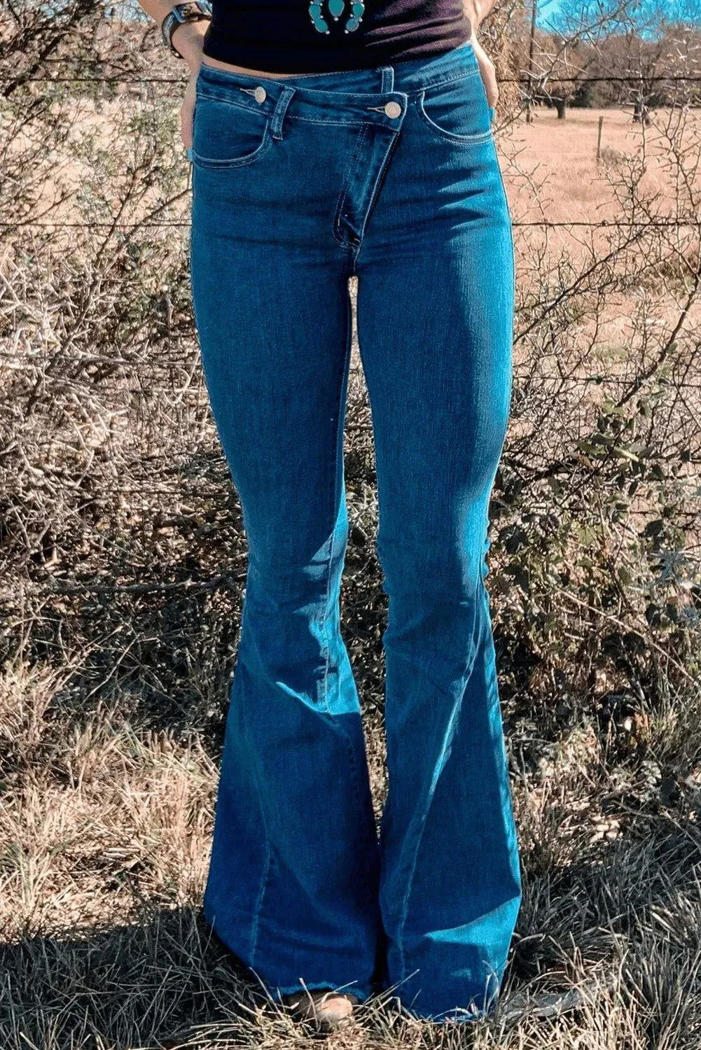 Blue Asymmetrical Dark Wash Bell Bottom Jeans