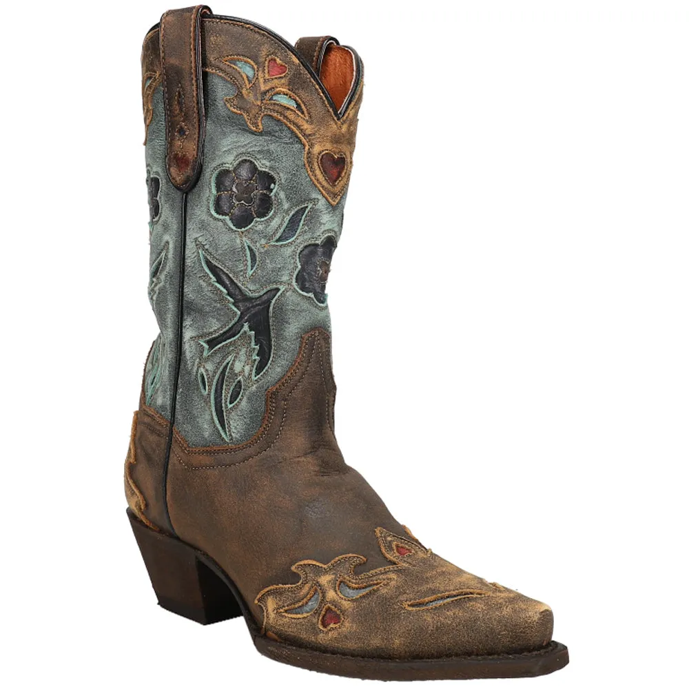 Blue Bird Floral Tooled-Inlay Snip Toe Cowboy Boots