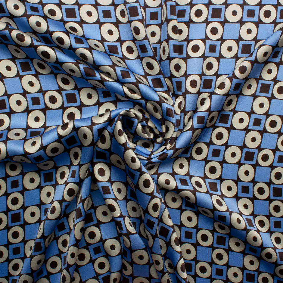 Blue, Brown & Ivory Geometric Printed Silk Satin