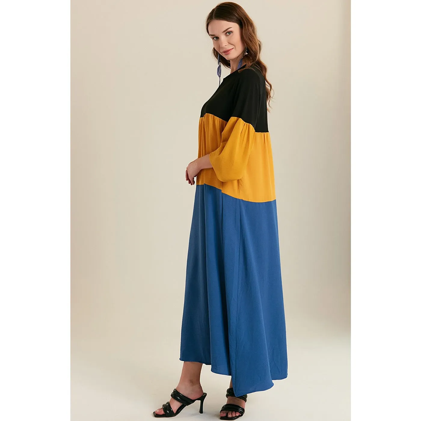 Blue Color Block Long Dress