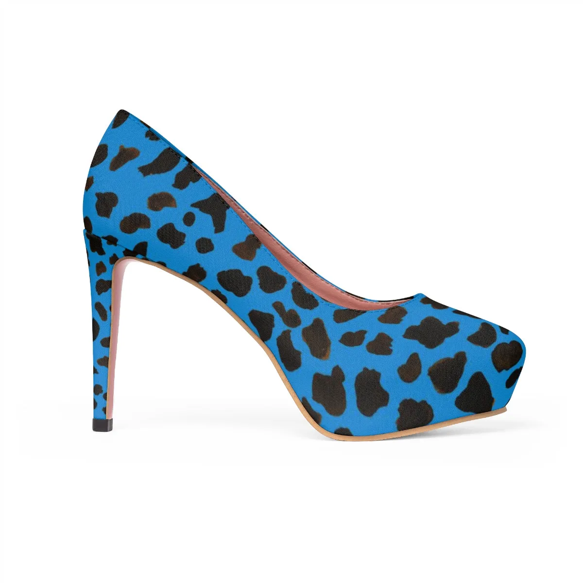 Blue Cow Print Heels, Brown Designer Animal Print Women's Platform Heels Pumps Stilettos