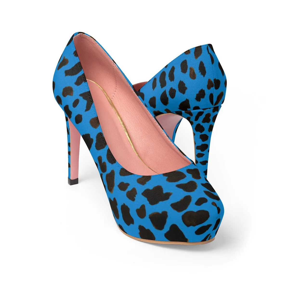 Blue Cow Print Heels, Brown Designer Animal Print Women's Platform Heels Pumps Stilettos