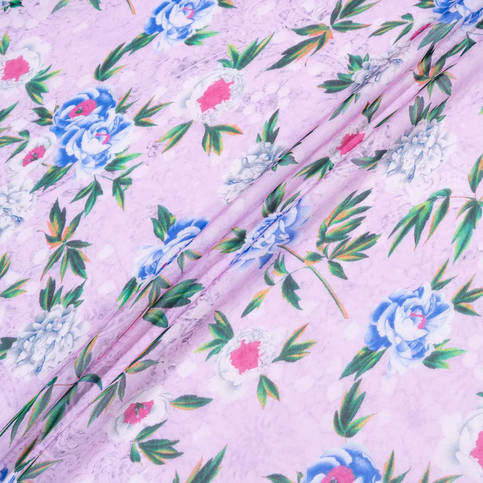 Blue Floral Printed Lilac Pure Silk Chiffon