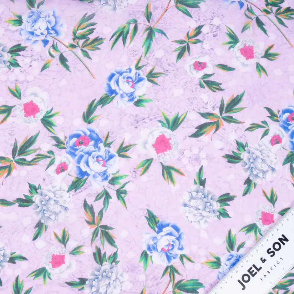 Blue Floral Printed Lilac Pure Silk Chiffon