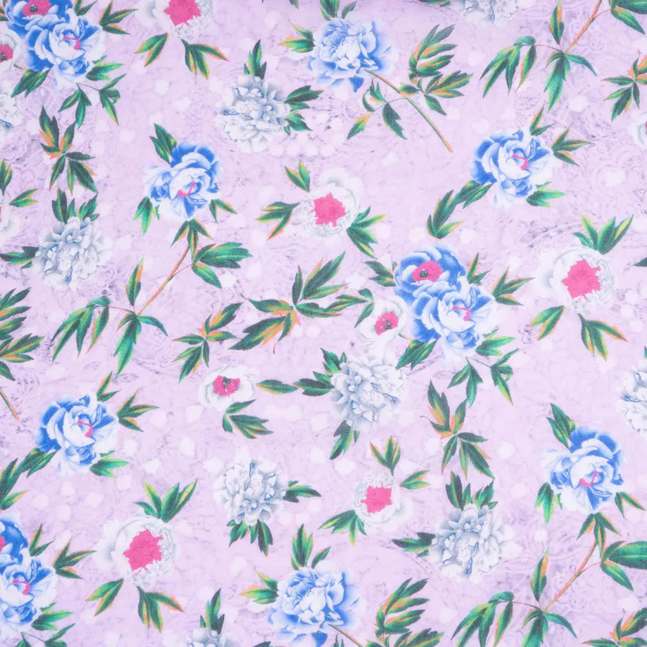 Blue Floral Printed Lilac Pure Silk Chiffon