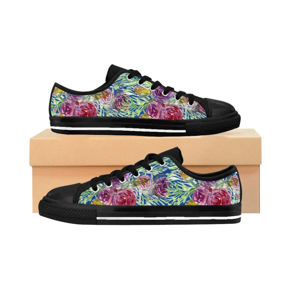 Blue Floral Rose Women's Sneakers, Flower Rose Print Best Tennis Casual Shoes For Women (US Size: 6-12)