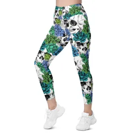 Blue Floral Skulls Leggings with Pockets