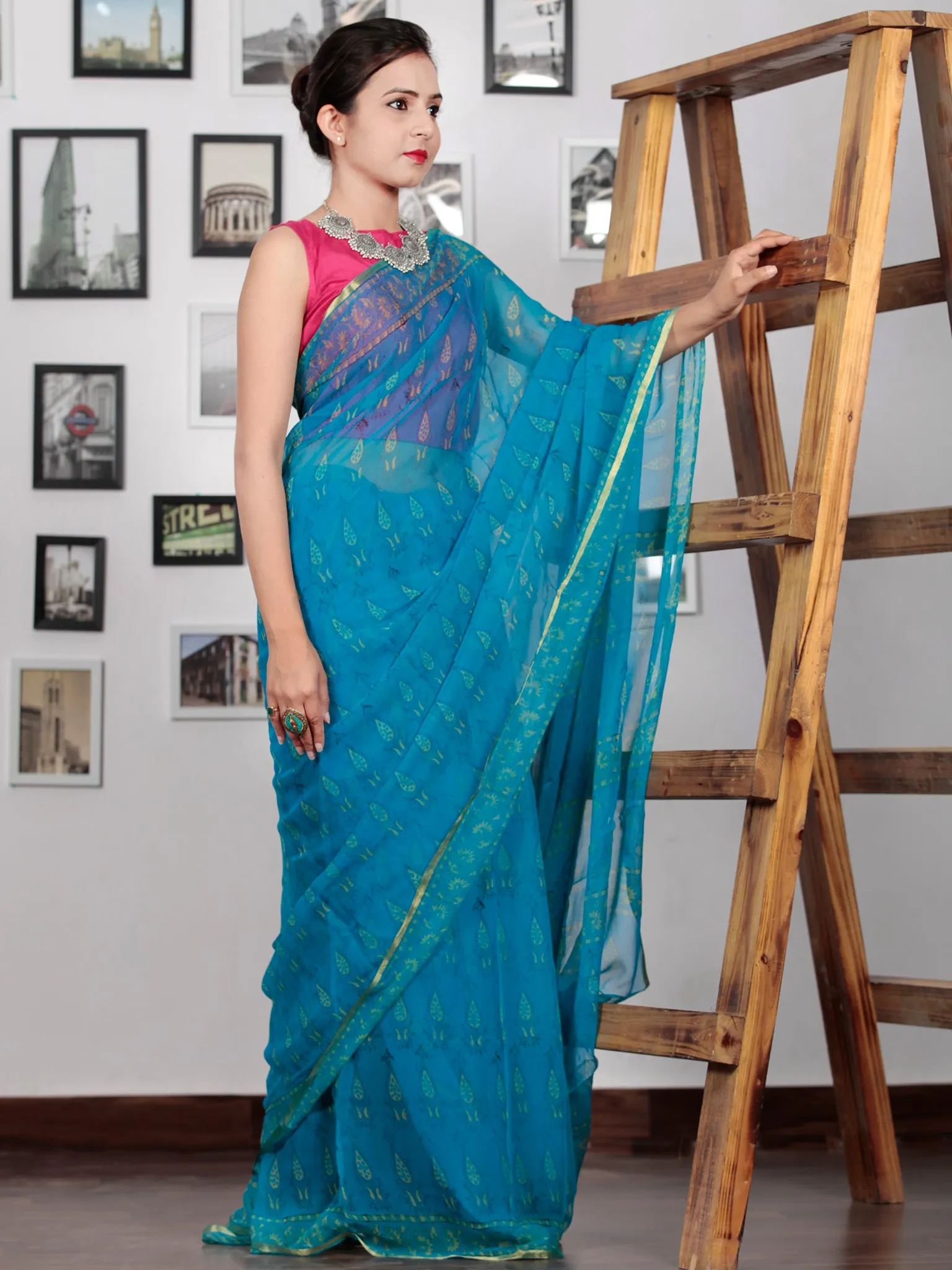 Blue Green Hand Block Printed Chiffon Saree with Zari Border - S031702756