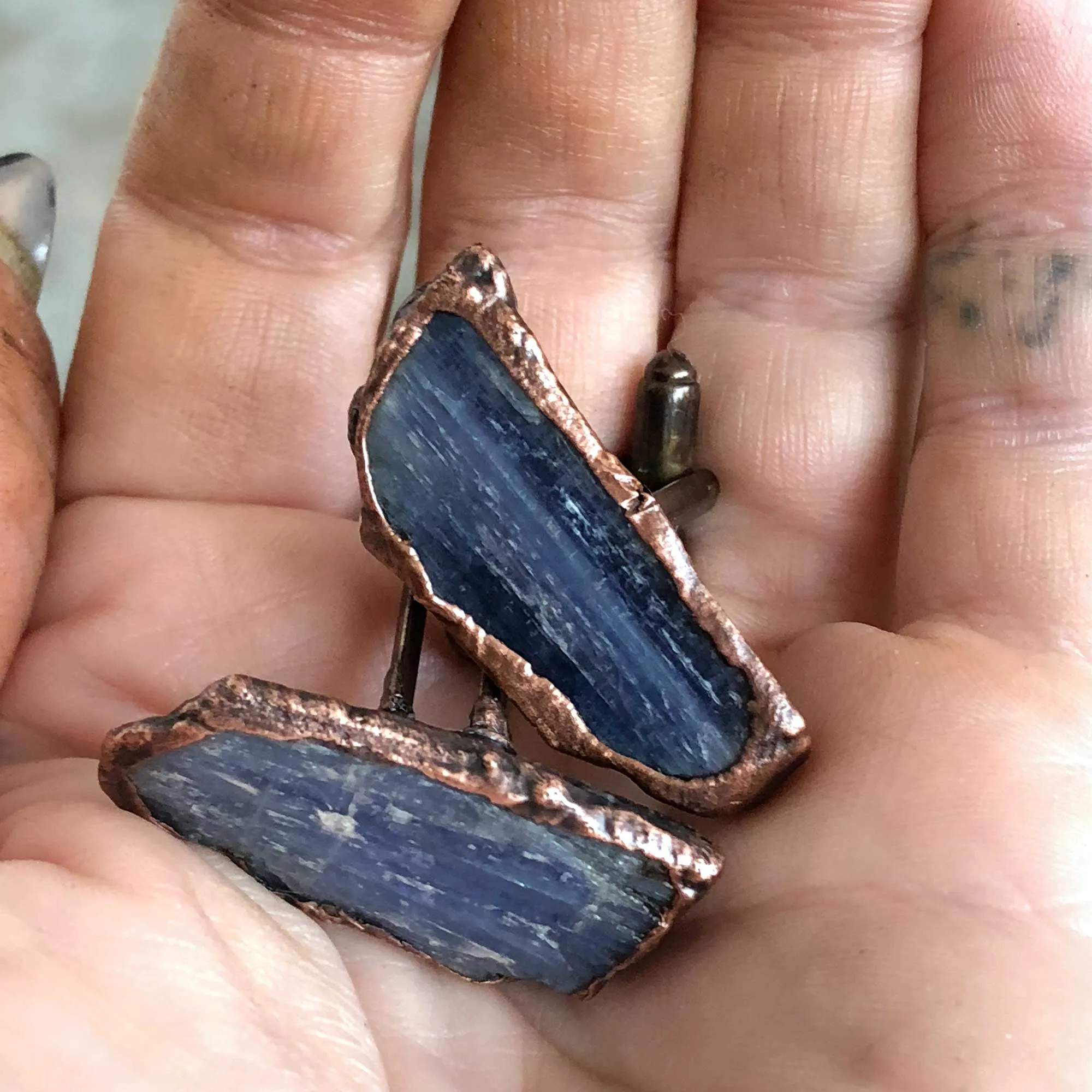 Blue Kyanite Electroformed Cufflinks, raw stone cuff links