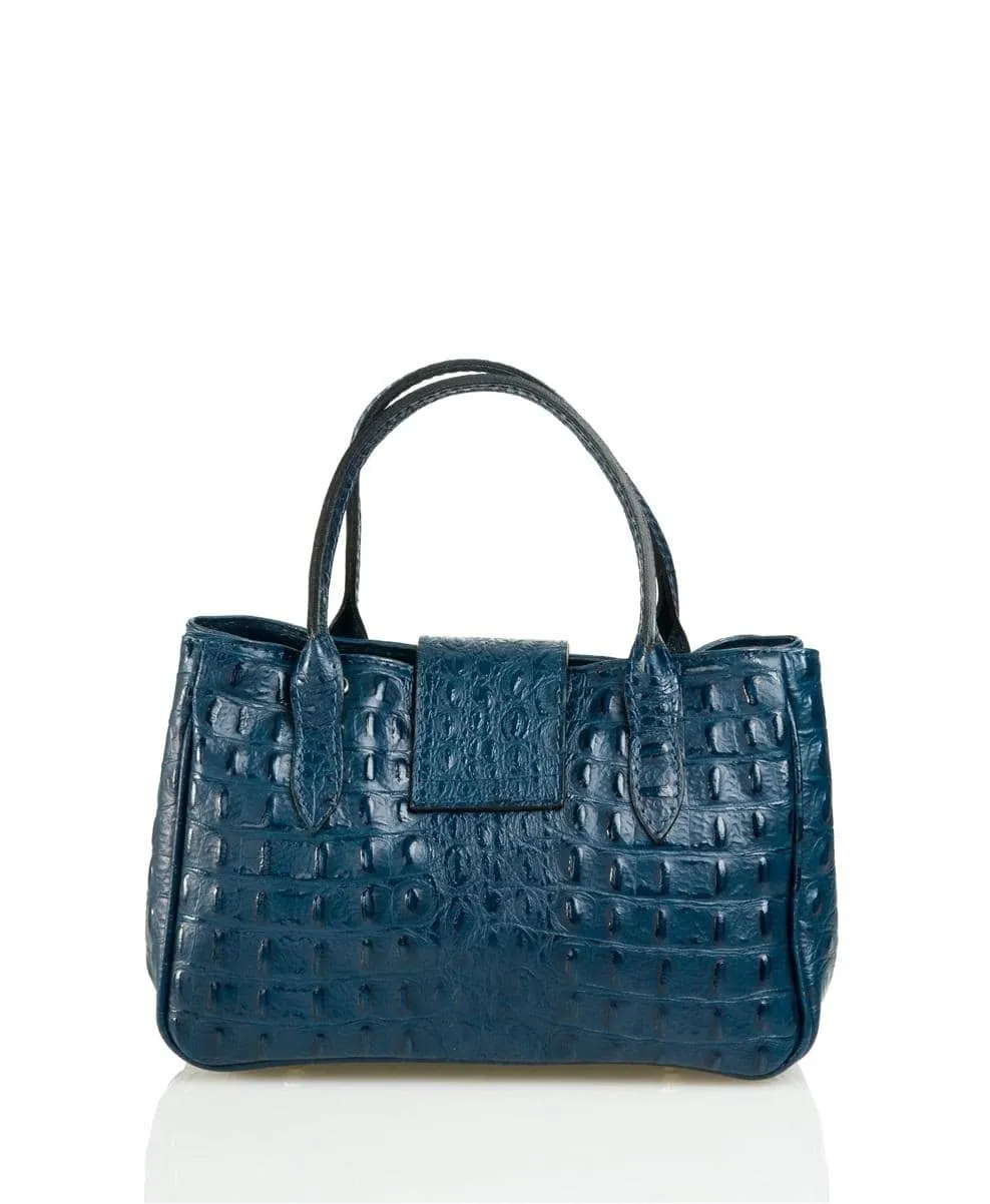 Blue Leather Handbag Detachable Shoulder Strap Croc Embossed Made In Italy