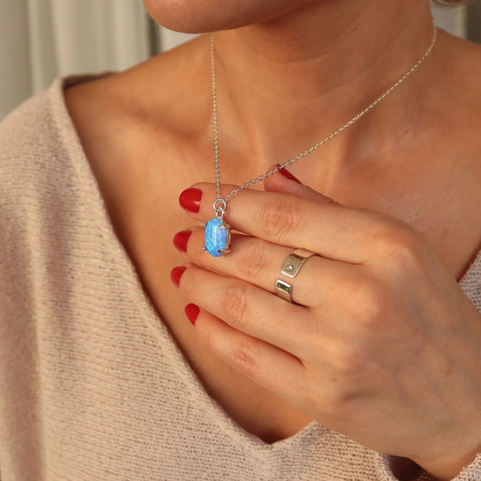 Blue Opal Pendant Long Necklace