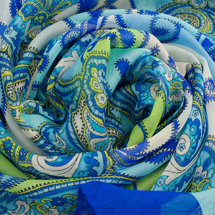 Blue Paisley Printed Silk Chiffon Scarf