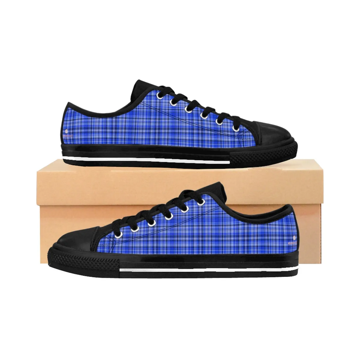 Blue Plaid Men's Sneakers, Tartan Scottish Print Low Top Tennis Running Shoes For Men