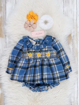 Blue Plaid Smocked Daisies Bubble