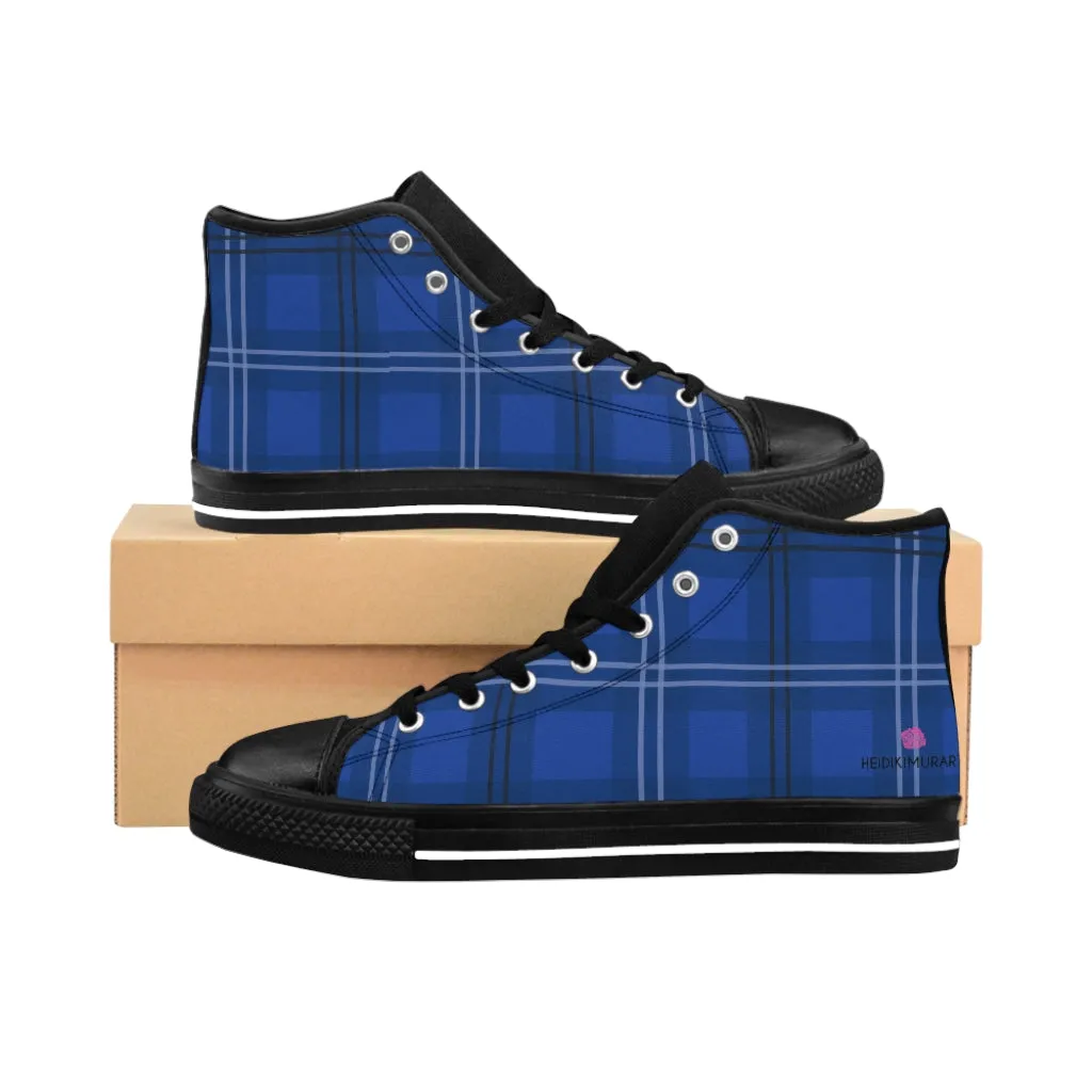 Blue Plaid Women's High-top Sneakers, Tartan Print Ladies' Fashionable Tennis Shoes (US Size: 6-12)