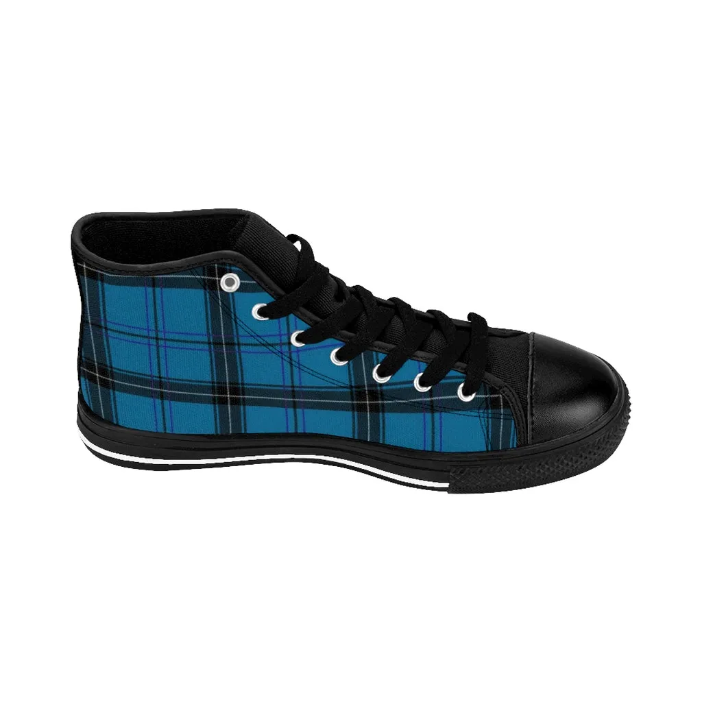 Blue Plaid Women's Sneakers, Preppy Tartan Print Designer High-top Fashion Tennis Shoes