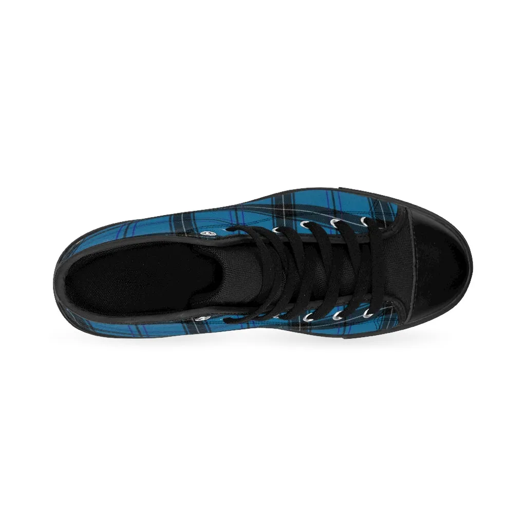 Blue Plaid Women's Sneakers, Preppy Tartan Print Designer High-top Fashion Tennis Shoes