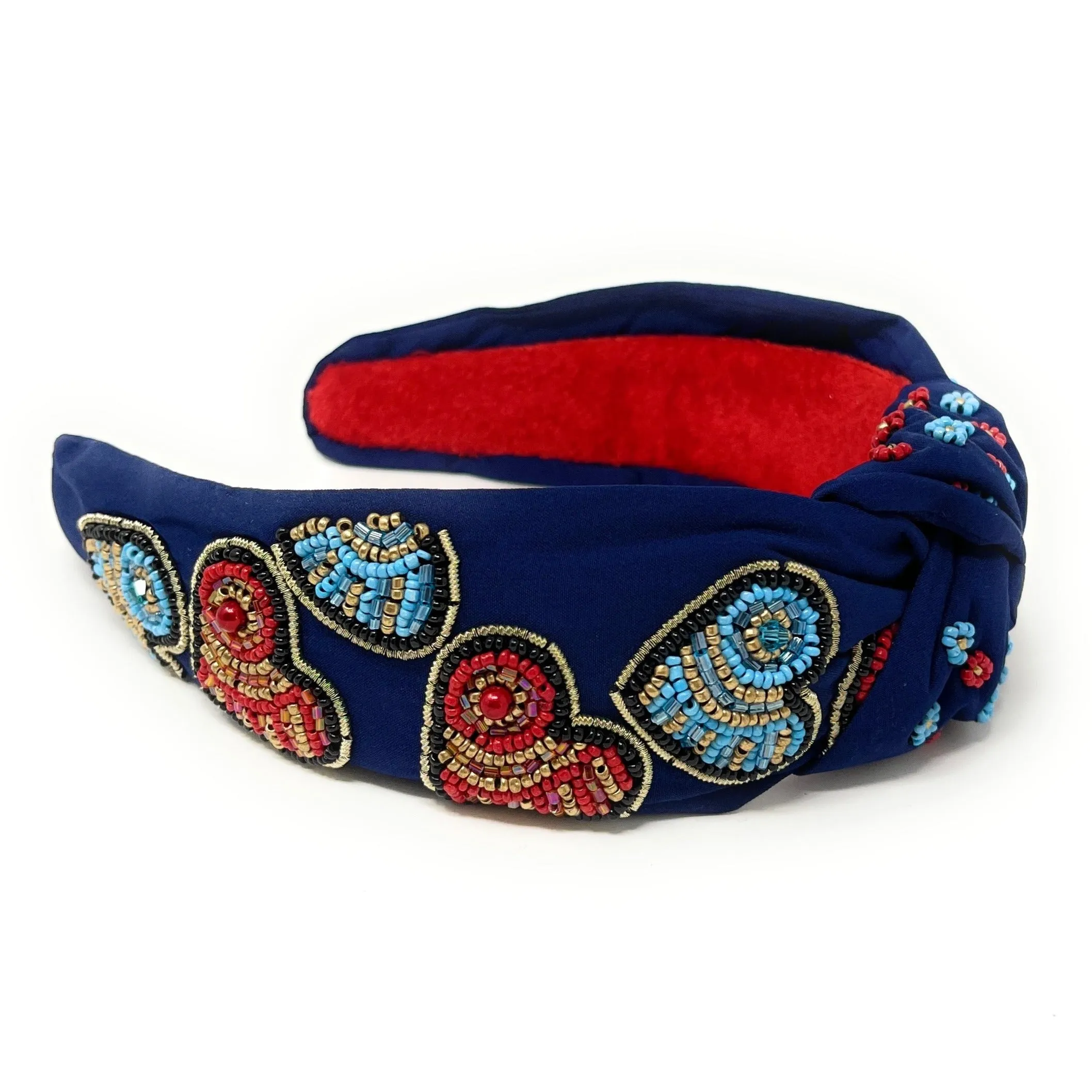 Blue Red Hearts Hand Beaded Knot Headband